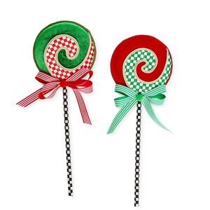 NEW Mackenzie-Childs Check It Out Small Fabric Lollipop Picks, Set of 2